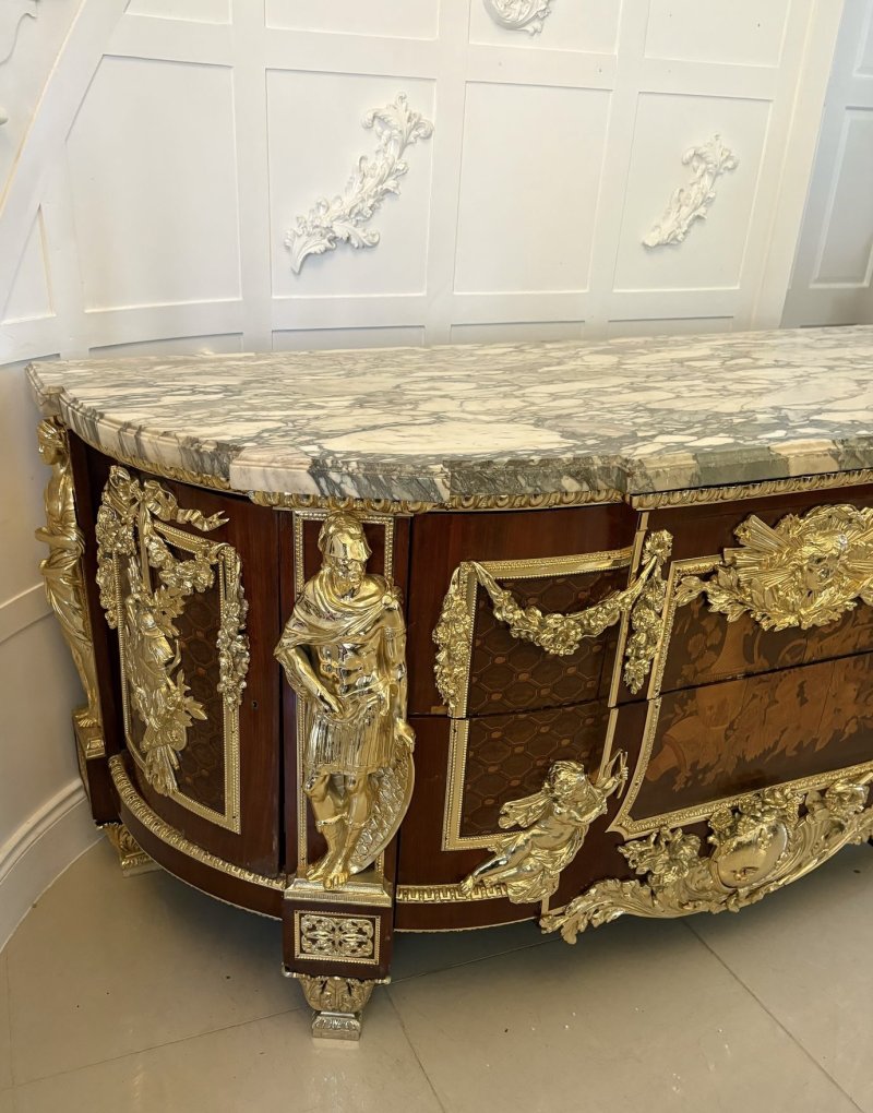 Antique Rare Fine Pair of French Early 20th Century Mahogany, Fruitwood Marquetry and Gilt Bronze Mounted Commodes In the Louis XVI Style, after the Original By Jean-Henri Riesener - Image 16